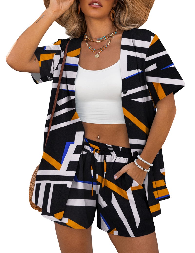REDHOTYPE Womens 2 Piece Outfits Lightweight Button Down Top Casual Shorts Printed Summer Vacation Sets, Black Stripes Large - Image 1