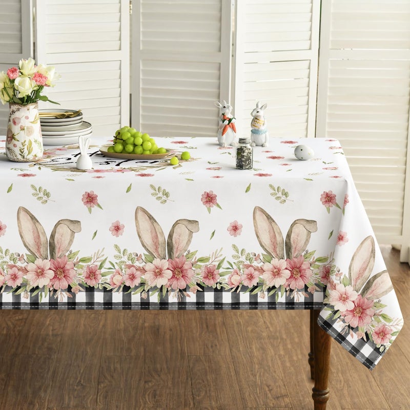 Horaldaily Horaldaily Easter Tablecloth 52x70 Inch Rectangular Spring Flower Buffalo Plaid Bunny Ear Table Cover for Party Picnic Dinner Decor 