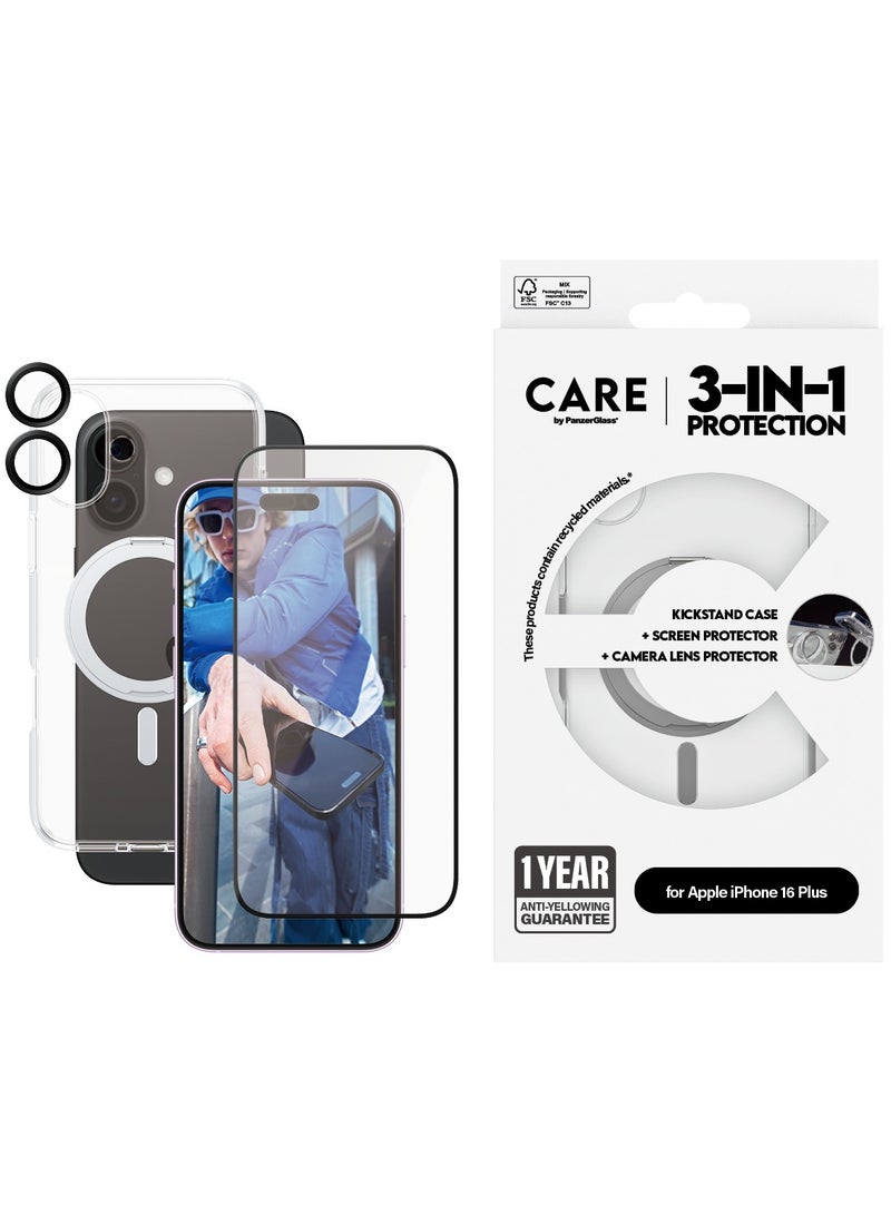 PanzerGlass حزمة سيراميك 3 في 1 من CARE بواسطة PanzerGlass® لجهاز iPhone 16 Plus، غلاف حامل متوافق مع MagSafe، واقي شاشة سيراميكي بتصميم عريض للغاية، وواقي عدسة كاميرا سيراميكي HoopsTM - مع مساعدة في التركيب لتسهيل التثبيت - Image 1