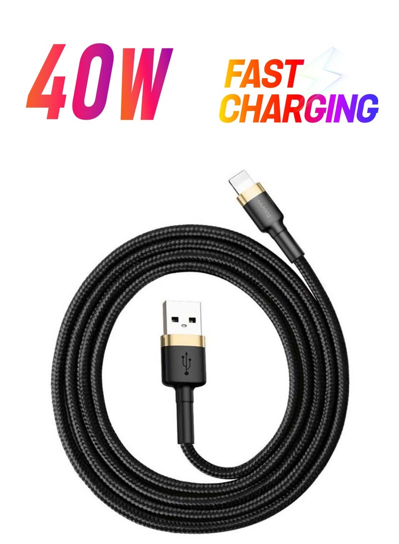 بيسوس كابل شحن USB إلى Lightning كافول من النايلون المضفر عالي الكثافة للشحن السريع متوافق مع هواتف آيفون 13 و12 و11 برو ماكس وميني وXS وX و8 و7 و6 و5 وSE وآي باد (بطول 2 متر) ذهبي/ أسود - Image 1