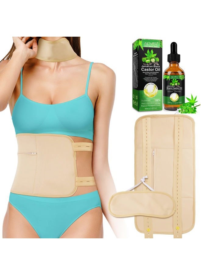 Sefudun Castor Oil Pack Wrap Reusable for Waist and Neck, Castor Oil Pack Kit for Constipation Inflammation & Less Stress, Elastic Strap Bamboo Cotton Anti Oil Leak (Khaki) - Image 1