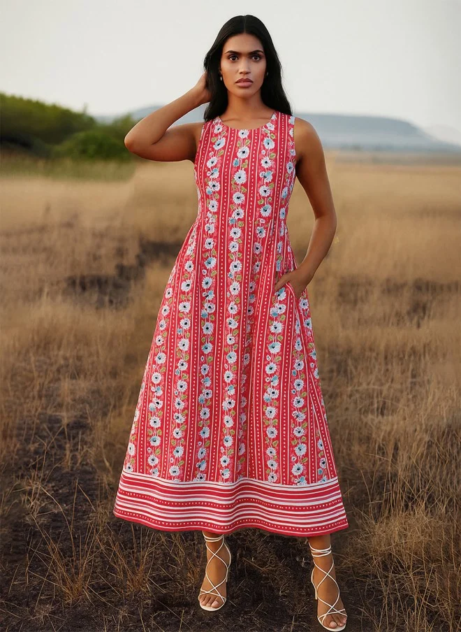 SASSAFRAS Floral Print Fit & Flare Midi Dress for Women