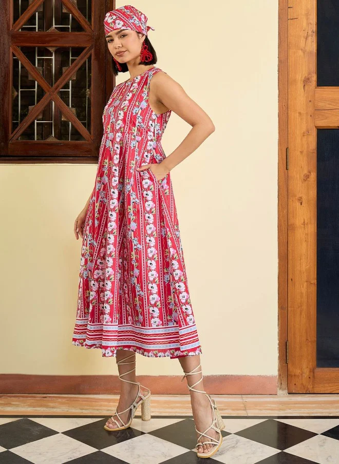 SASSAFRAS Floral Print Fit & Flare Midi Dress for Women