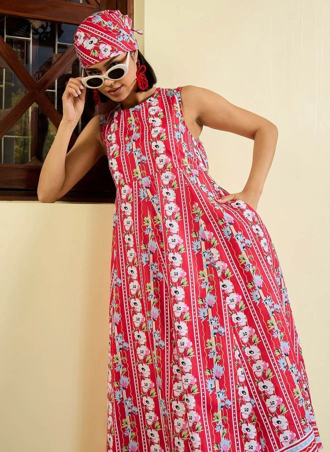 SASSAFRAS Floral Print Fit & Flare Midi Dress for Women
