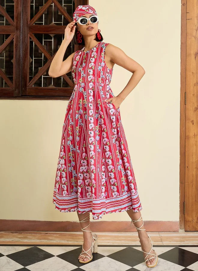 SASSAFRAS Floral Print Fit & Flare Midi Dress for Women