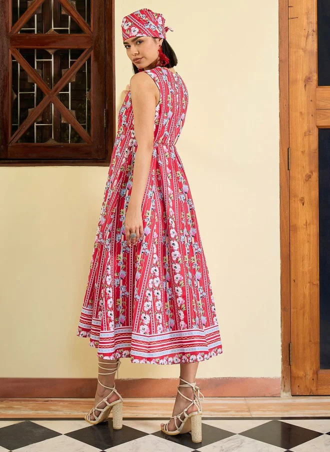 SASSAFRAS Floral Print Fit & Flare Midi Dress for Women
