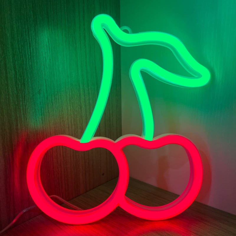 BerniceKelly Cherry Neon Sign Red Green Cherries Neon Lights 7.5 * 8.9IN Cherry Neon Signs for Wall Decor, Cute Fruits LED Signs for Kids Room Restaurant Bar Fruit Shop Home - Image 1