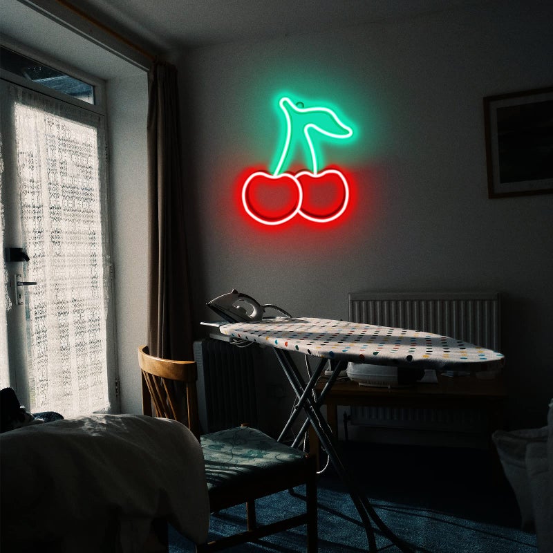 BerniceKelly Cherry Neon Sign Red Green Cherries Neon Lights 7.5 * 8.9IN Cherry Neon Signs for Wall Decor, Cute Fruits LED Signs for Kids Room Restaurant Bar Fruit Shop Home - Image 3