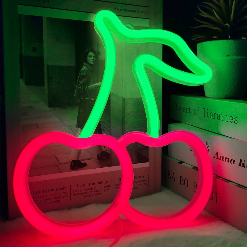 BerniceKelly Cherry Neon Sign Red Green Cherries Neon Lights 7.5 * 8.9IN Cherry Neon Signs for Wall Decor, Cute Fruits LED Signs for Kids Room Restaurant Bar Fruit Shop Home - Image 5