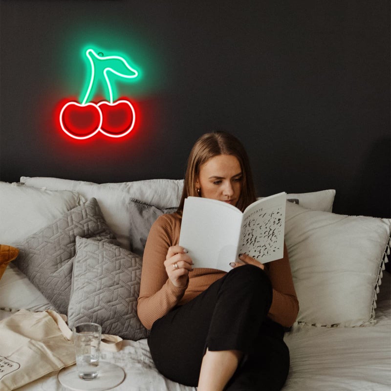 BerniceKelly Cherry Neon Sign Red Green Cherries Neon Lights 7.5 * 8.9IN Cherry Neon Signs for Wall Decor, Cute Fruits LED Signs for Kids Room Restaurant Bar Fruit Shop Home - Image 4