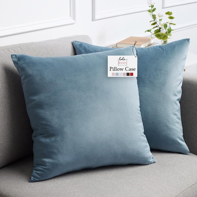 VELVET THROW PILLOW COVERS SET OF 2 DECORATIVE SQUARE PILLOWS HOME DECOR SOFT ACCENT CASES SILKY MACHINE WASHABLE PILLOWCASES FOR SOFA COUCH BEDROOM LIVING ROOM 16X16 STONE BLUE