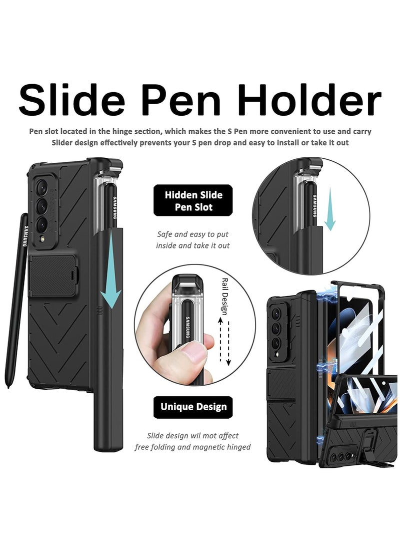 KASTWAVE - Compatible Samsung Galaxy Z Fold 4 Case with Pen Holder, Built-in Tempered Glass Screen Protector+Adjustable Kickstand All-Inclusive Magnetic Hinged Protector Case for Z Fold 4 2022(Black) - Image 1