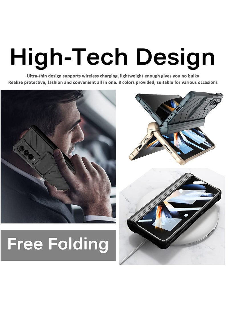 KASTWAVE - Compatible Samsung Galaxy Z Fold 4 Case with Pen Holder, Built-in Tempered Glass Screen Protector+Adjustable Kickstand All-Inclusive Magnetic Hinged Protector Case for Z Fold 4 2022(Black) - Image 1
