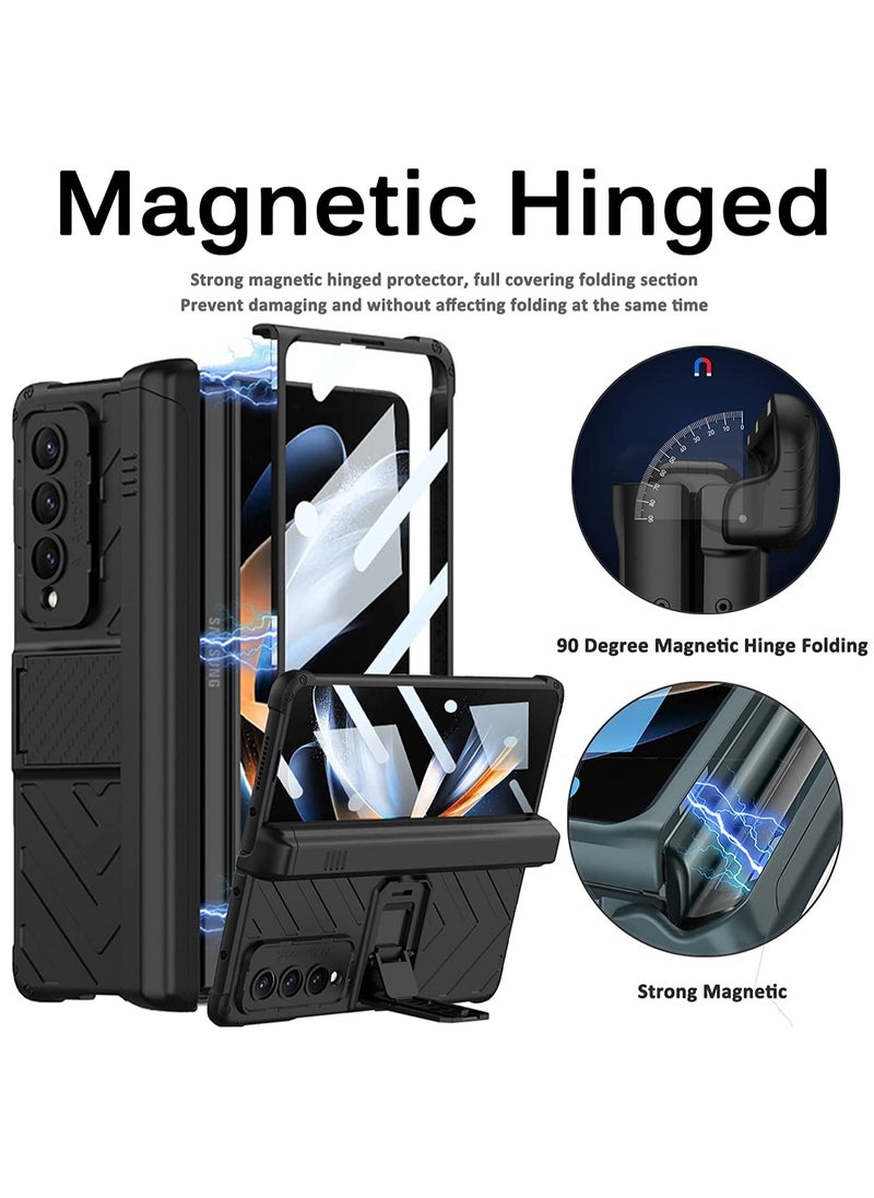 KASTWAVE - Compatible Samsung Galaxy Z Fold 4 Case with Pen Holder, Built-in Tempered Glass Screen Protector+Adjustable Kickstand All-Inclusive Magnetic Hinged Protector Case for Z Fold 4 2022(Black) - Image 1