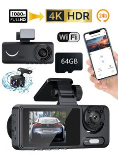 3 Channel Car DVR HD 4K and 1080P 3-Lens Inside Vehicle Dash CamThree Way Camera DVRs Recorder Video Registrator Dashcam Camcorder，with Loop Recording，64GB TF card，G-Sensor and 24H Parking Surveillance