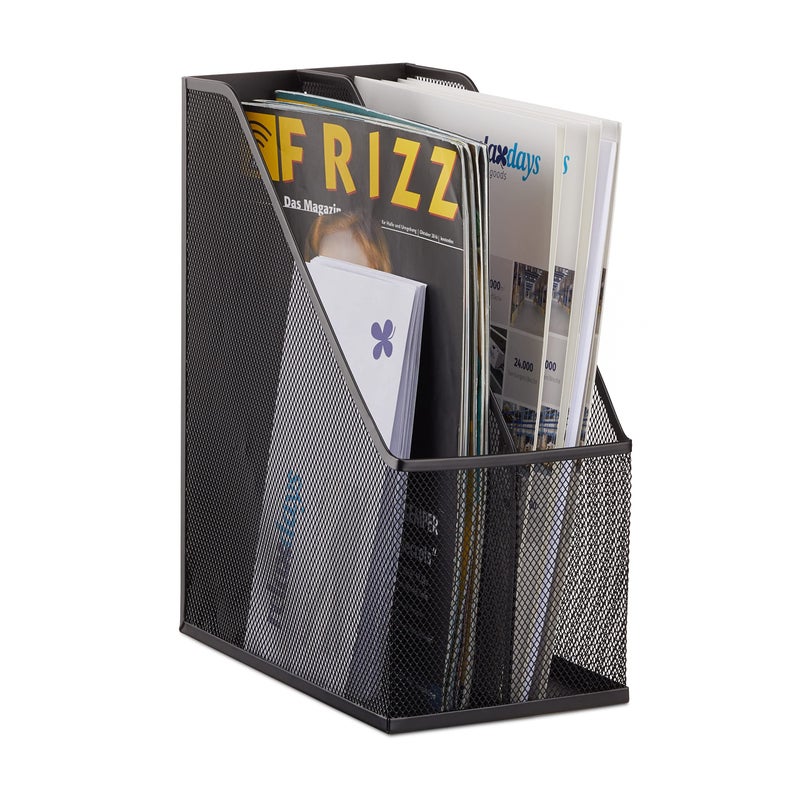 Relaxdays Standing File Holder 2 Compartments Metal Mesh Sturdy Rack A4C4 Document Organiser Black Steel 25 x 143 x 315 cm