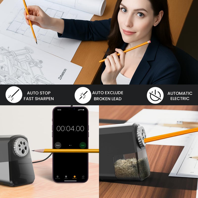 Aurbuex Heavy Duty Electric Pencil Sharpener â€“ 6-Hole for 6-12mm Pencils, Auto Start/Stop, Fast 4s Sharpening, Zinc Alloy Blade, 10,000+ Sharpenings â€“ Ideal for Classroom, Office & Art Use(S260) - Image 4