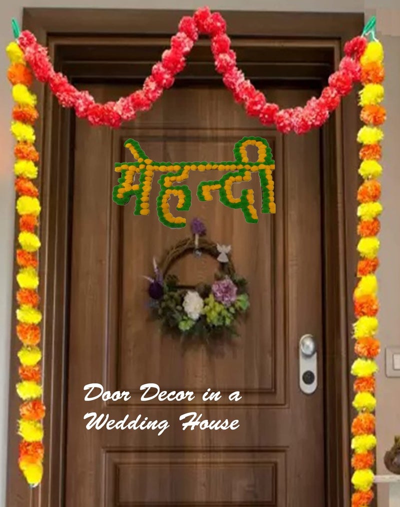 Honbon Honbon Mehandi Special Wooden Decoration Board for shaadi/Marriage Stage Decoration Reusable Decorative handicrafts Board on Wooden Base Decoration (Pom Pom & Wood, Green & Yellow) 1pcs  - Image 3