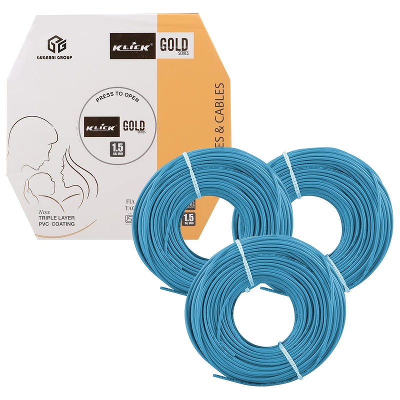 KLICK KLICK Copper Wire with Triple Layer PVC Coating Unilay Bunching Single Core Unsheathed Flexible Electric Cable for Domestic Industrial Connections Gold Series 15 mm 90m Long Blue 3 Pcs  - Image 1