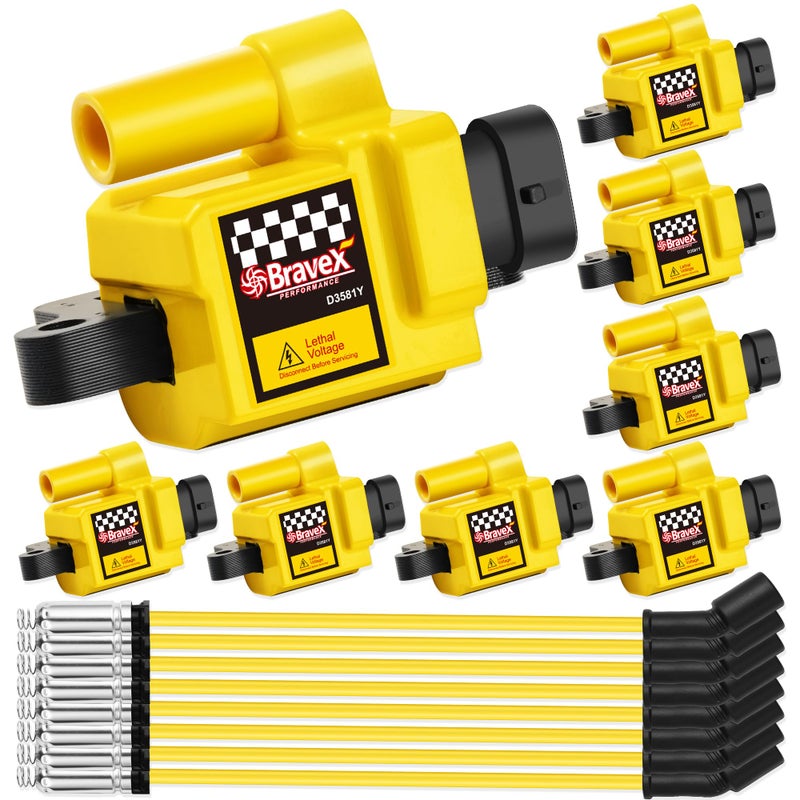 MegaFlint High Performance 8PCS Ignition Coils Pack Square Type 8mm Spark Plug Wires UF271 for Express 3500 Suburban GMC Sierra Silverado Avalanche 48L 53L 60L 81L Square Type 15 More Energy