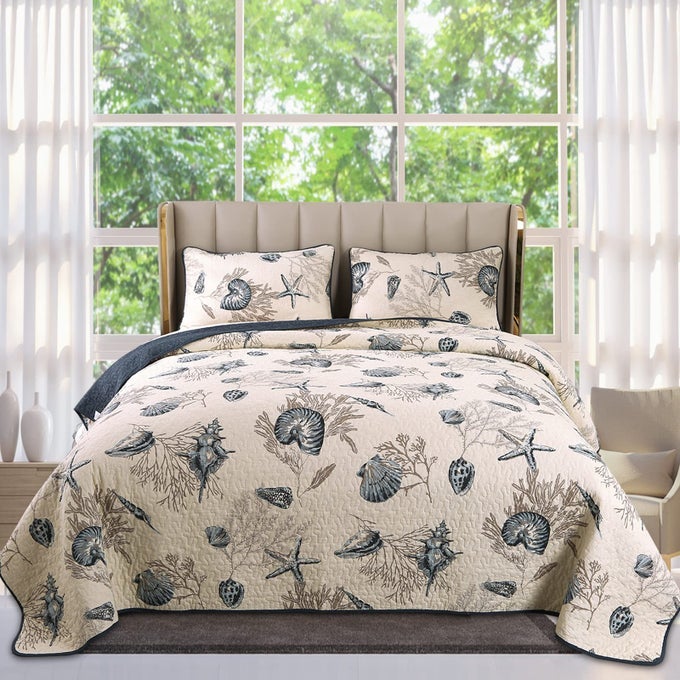 COASTAL QUILTS QUEEN SIZE 3PIECE STARFISH SHELL PATTERN QUEEN BEACH THEMED BED SPREADS SOFT COTTON COASTAL QUILT SET WITH PILLOWCASES ALL SEASONS QUILT BEDDING SET 90X98 INCH