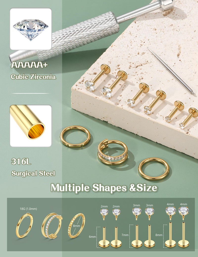 Fansilver 18G Flat Back Earrings for Women with Piercing Ball Grabber Tool - 316L Surgical Steel Cartilage Hoop Earrings Stack, Internal Thread CZ Stud Piercing Jewelry for Tragus Helix Conch & Hypoallergenic Lip Nose Rings Hoops Gold - Image 4