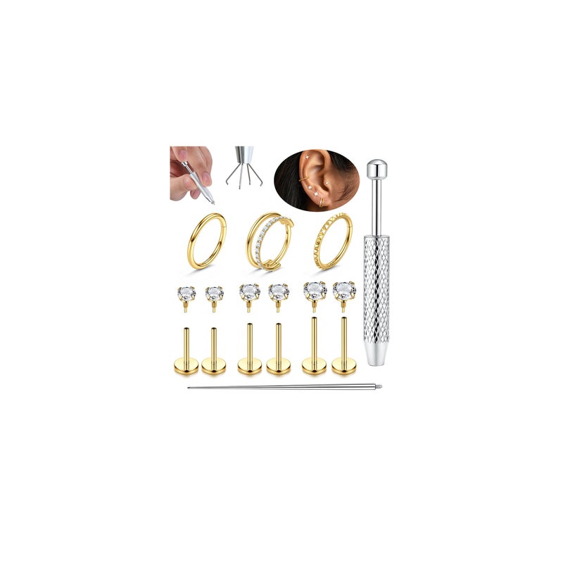Fansilver 18G Flat Back Earrings for Women with Piercing Ball Grabber Tool - 316L Surgical Steel Cartilage Hoop Earrings Stack, Internal Thread CZ Stud Piercing Jewelry for Tragus Helix Conch & Hypoallergenic Lip Nose Rings Hoops Gold - Image 1