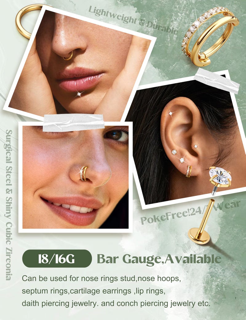 Fansilver 18G Flat Back Earrings for Women with Piercing Ball Grabber Tool - 316L Surgical Steel Cartilage Hoop Earrings Stack, Internal Thread CZ Stud Piercing Jewelry for Tragus Helix Conch & Hypoallergenic Lip Nose Rings Hoops Gold - Image 3