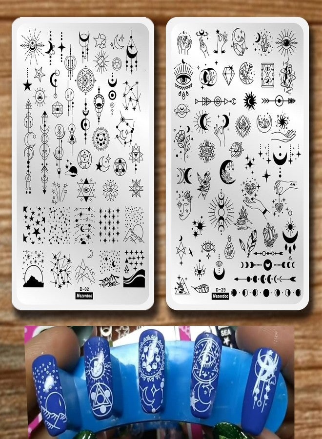 Mezerdoo Starry Star Moon Design Stamping Plates Nail Art Kit 2pcs Galaxy Night Sky Large Nail Stamp Plates Templates Space Planet Nail Stamper Plate Heart Sun Geometry Printing Stencils Reusable Tools - Image 1