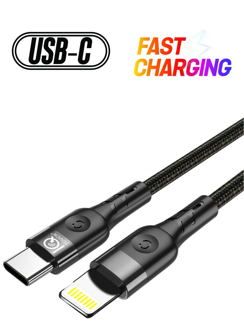 IQ TOUCH كابل Lightning C معتمد من IQ TOUCH Mfi بطول 1.2 متر من الألومنيوم المضفر باللون الأسود  - Image 1