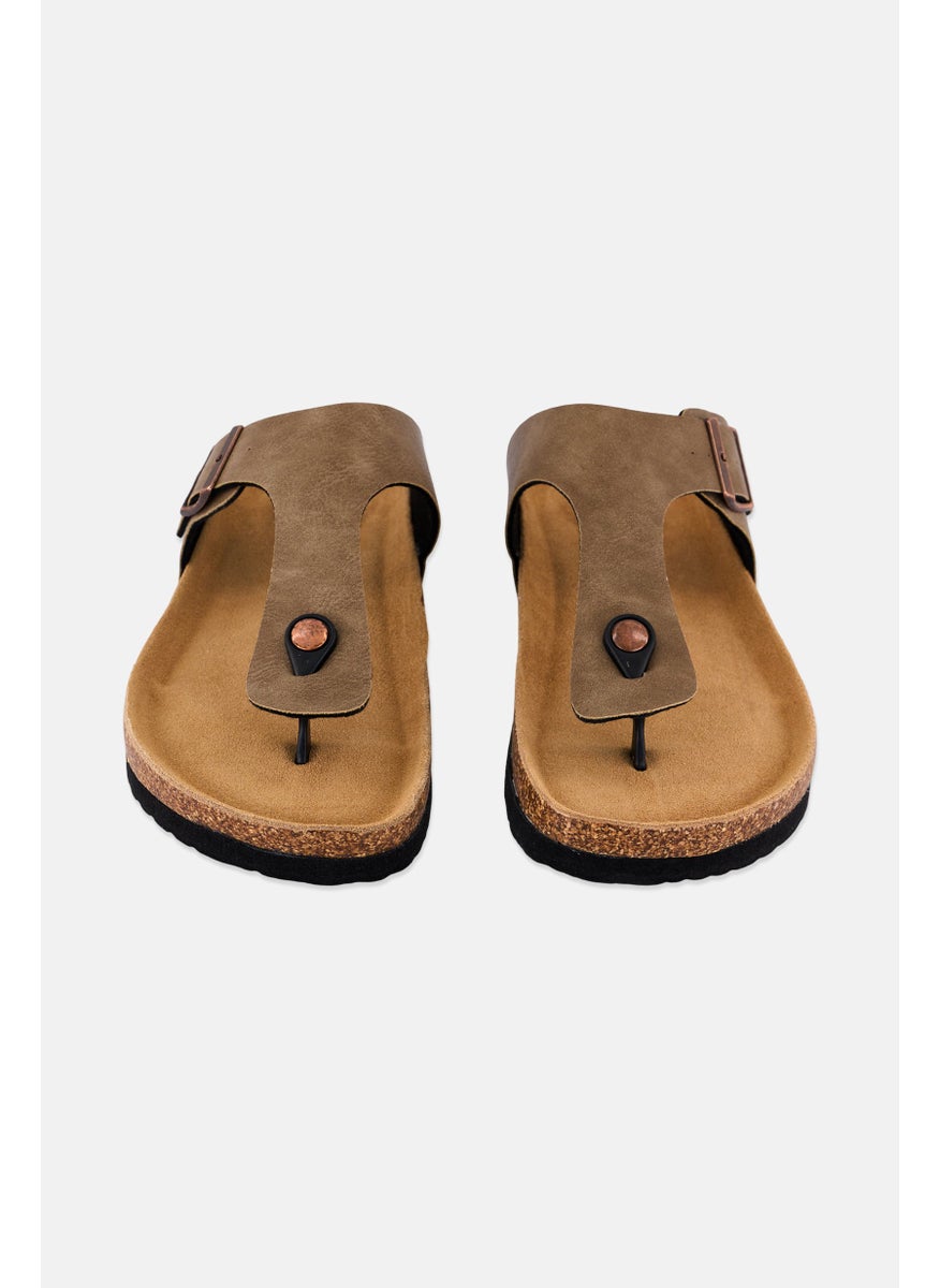 Algspar - Men Leather Slip On Cork Sandals, Tan - Image 1