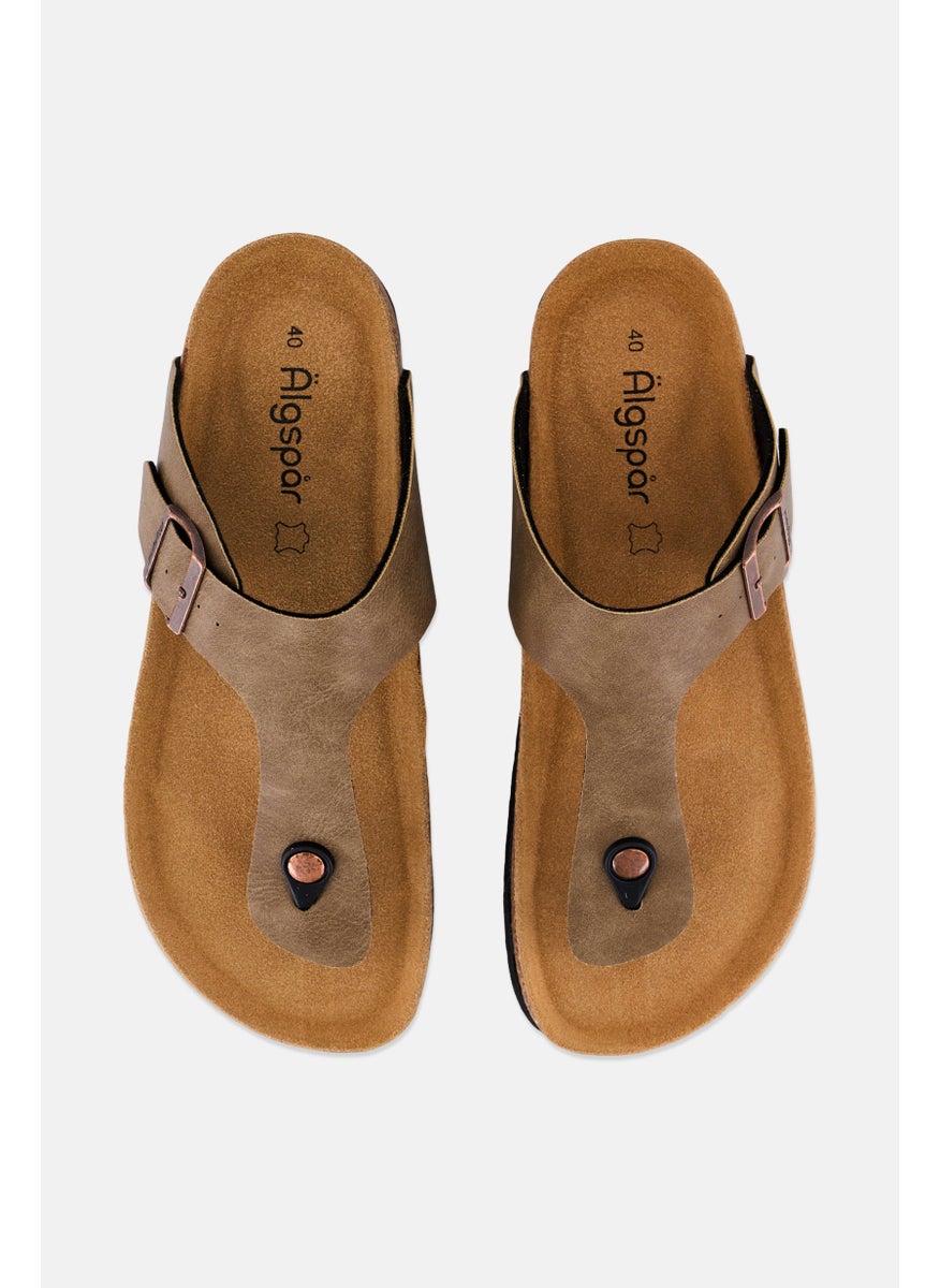 Algspar - Men Leather Slip On Cork Sandals, Tan - Image 1