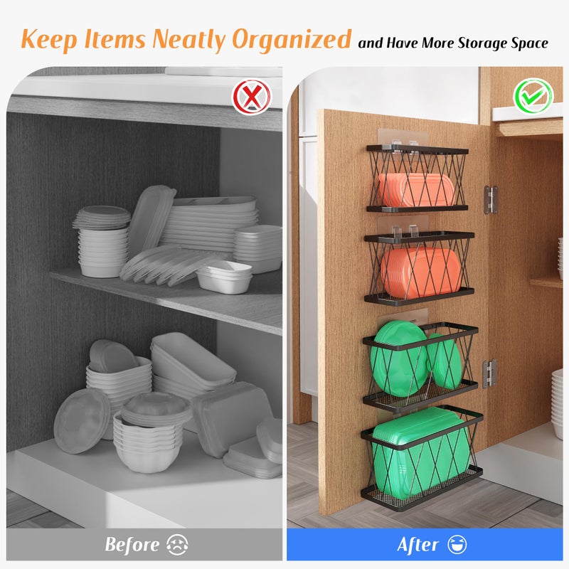 BasicForm 4 Pack Metal Kitchen Inside Cabinet Door Organizer, Adhesive Lid Organizers Cabinet Door Storage for Tupperware Lid, Storage Holder Basket for Kitchen Wall Mounted (Black) - Image 3