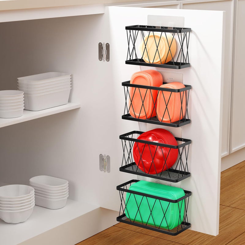 BasicForm 4 Pack Metal Kitchen Inside Cabinet Door Organizer, Adhesive Lid Organizers Cabinet Door Storage for Tupperware Lid, Storage Holder Basket for Kitchen Wall Mounted (Black) - Image 1