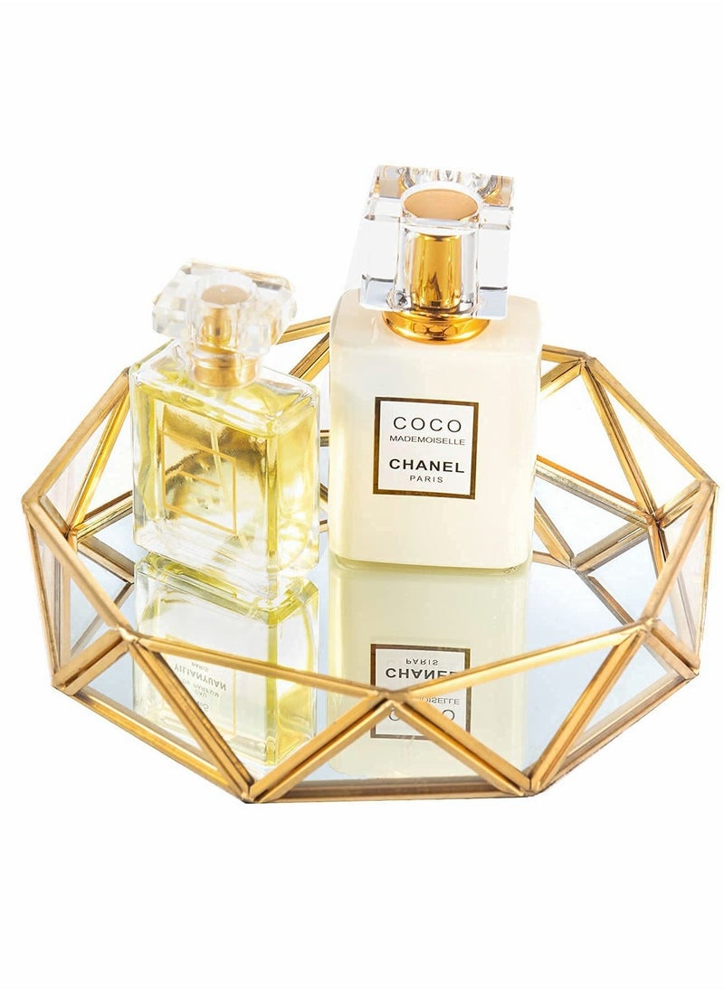 صينية مرآة ذهبية لمستحضرات التجميل، منظم مجوهرات معدني مزخرف، مكياج لحمام، تسريحة، غرفة نوم - Image 1