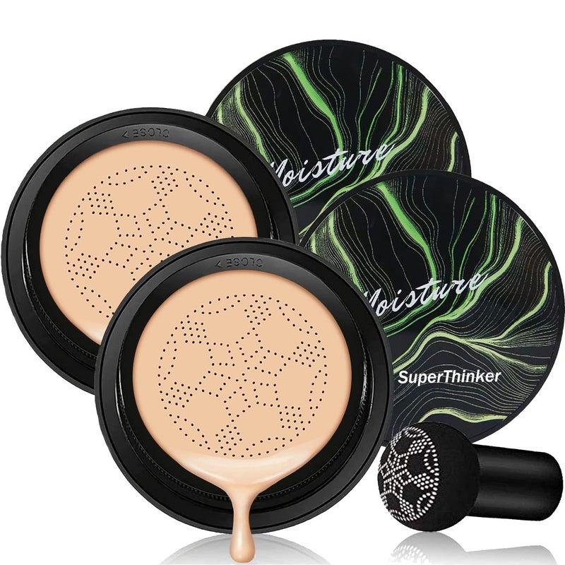 SuperThinker Air Cushion CC Cream Mushroom Head Foundation Moisturizing BB Cream Makeup Long Lasting Matte Concealer 2 PCS Natural 