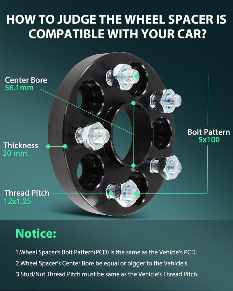 SCITOO 4 قطع فواصل العجلات 20 مم 5x100 فتحة 56.1 مم مسامير 12x1.25 محولات فواصل العجلات تناسب تويوتا 86 GR86 سوبارو أوتباك سوبارو فورستر سوبارو كروس تريك سوبارو ليجاسي - Image 2