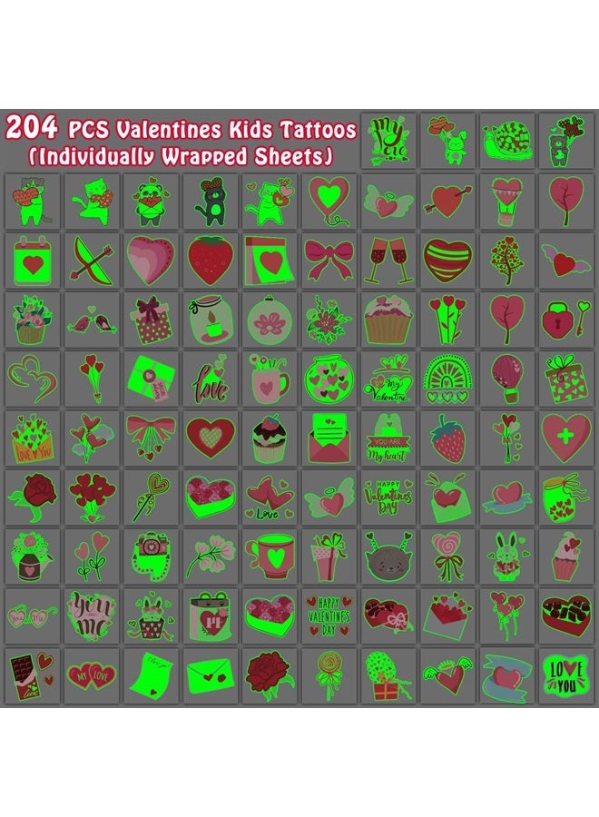Partywind 204 Styles Glow Valentine's Day Tattoos for Kids Classroom, Individually Wrapped Sheets Valentines Temporary Tattoos for Party Supplies Favors Decorations Gifts, Heart Decor Tattoo Stickers - Image 3