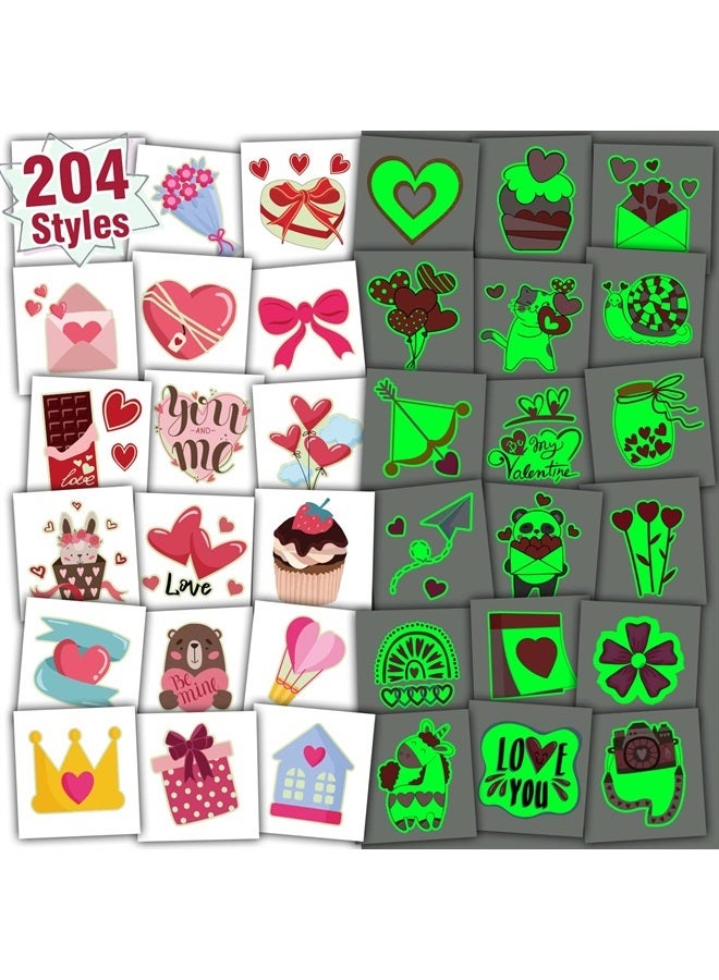 Partywind 204 Styles Glow Valentine's Day Tattoos for Kids Classroom, Individually Wrapped Sheets Valentines Temporary Tattoos for Party Supplies Favors Decorations Gifts, Heart Decor Tattoo Stickers - Image 1