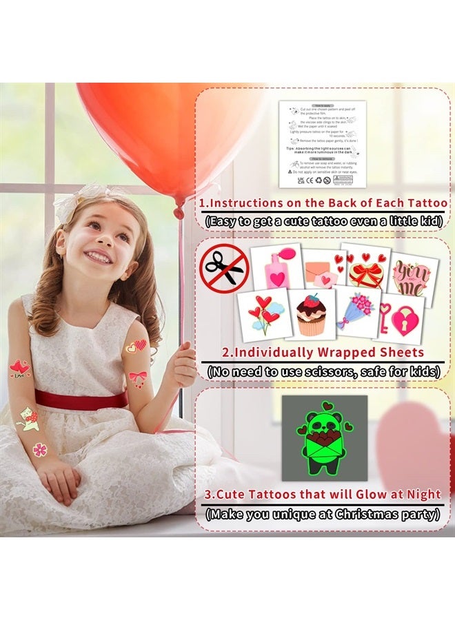 Partywind 204 Styles Glow Valentine's Day Tattoos for Kids Classroom, Individually Wrapped Sheets Valentines Temporary Tattoos for Party Supplies Favors Decorations Gifts, Heart Decor Tattoo Stickers - Image 2