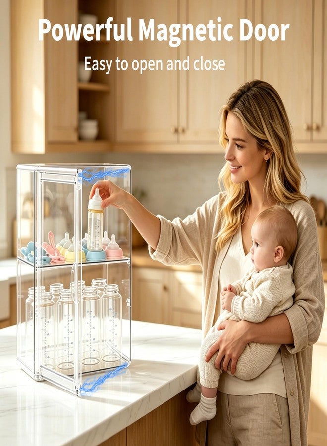 RUFHVTY Baby Bottle Organizer, 3 Tiers Adjustable Bottle Storage Container for Countertop, Clear Acrylic Bottle Station with 2 Removable Dividers and Magnetic Door, Suitable for Kitchen Bathroom Vanity - Image 4