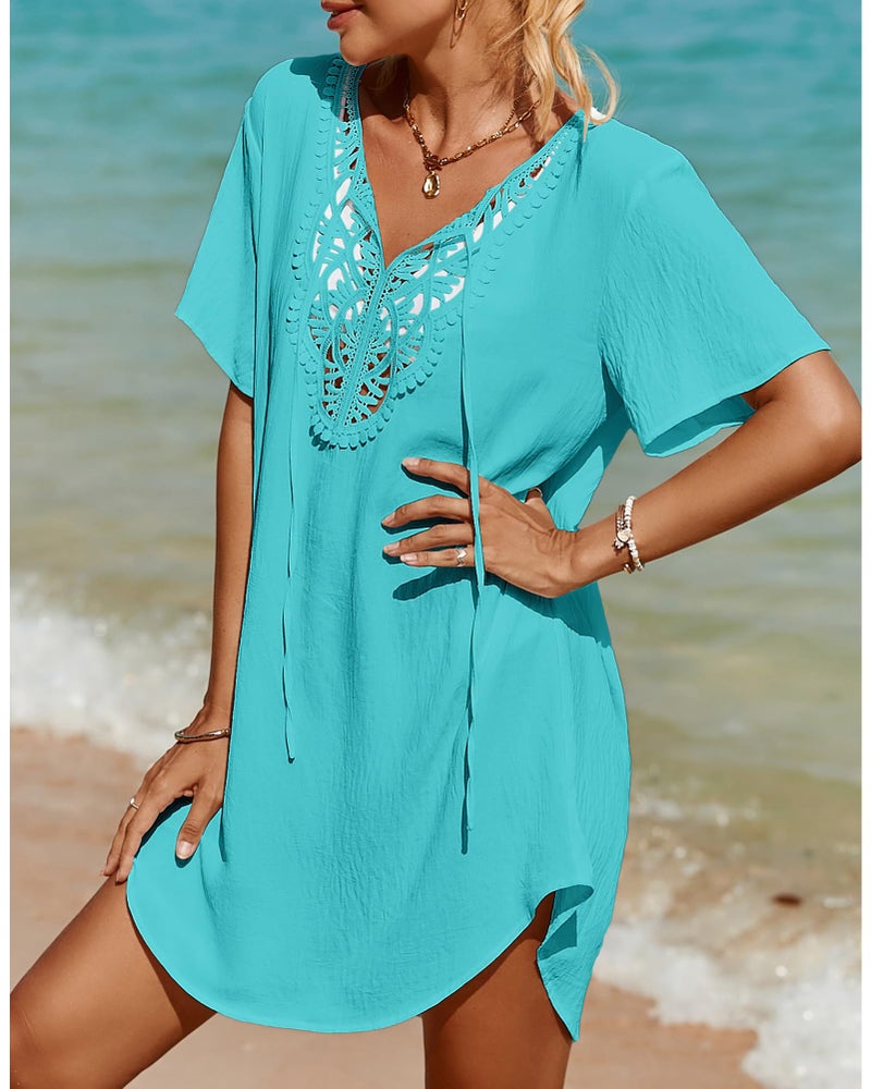 SimpleFun Beach Cover Ups for Women Dress V Neck Knee Length Swim Coverups Trendy Bikini Bathing Suit Cover Up Turquoise L - Image 2