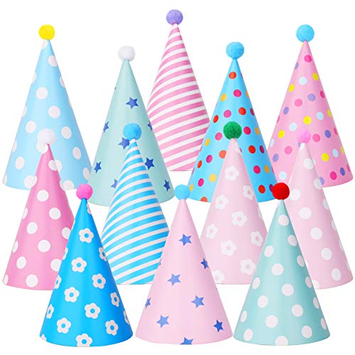 Beurio Party Hats with Pom Poms, Birthday Cone Hats 12 Pack, Toddler Party Celebration for Kids Adults, Colorful Pastel Paper Birthday Girls Boys Photo Props - Image 2