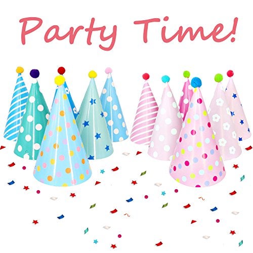 Beurio Party Hats with Pom Poms, Birthday Cone Hats 12 Pack, Toddler Party Celebration for Kids Adults, Colorful Pastel Paper Birthday Girls Boys Photo Props - Image 4