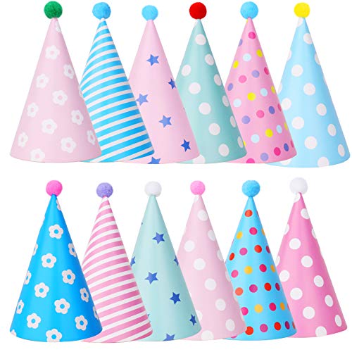 Beurio Party Hats with Pom Poms, Birthday Cone Hats 12 Pack, Toddler Party Celebration for Kids Adults, Colorful Pastel Paper Birthday Girls Boys Photo Props - Image 1