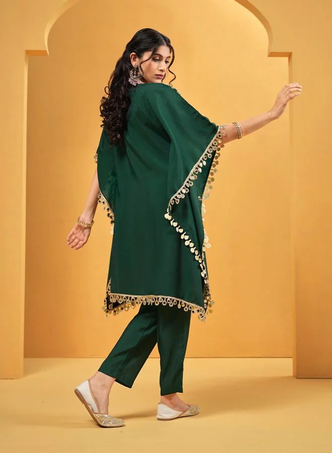ISHIN Women's Green Roman Silk Embellished A-Line Kaftan Upperwear Knee Length Palazzo Bottomwear Flowy 2 Peice Kurta Set