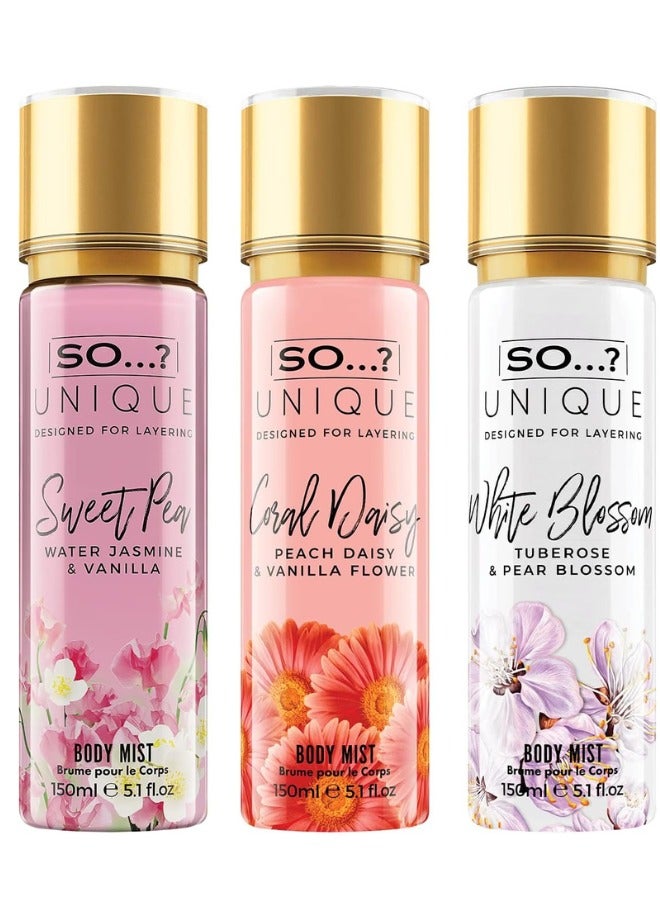So..? رائحة الجسم الفريدة للنساء من So...? | 150 مل | عبوة من 3 | تشمل رائحة البازلاء الحلوة، كورال، وزهرة بيضاء | روائح منعشة، زهرية، وحلوة | بخاخ عطر مختلط يدوم طويلاً - Image 1