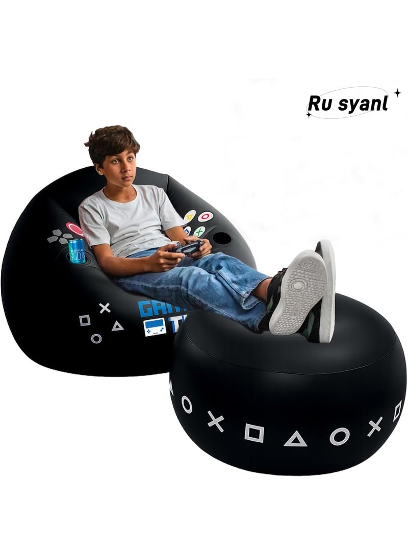 Ru syanl Inflatable Gaming Chair for Kids & Teens with Cup Holders and Side Pocket - This Air Bean Bag Game Chair is The Perfect Furniture for Gamer Room Décor (Gaming Time with Ottoman) - Image 1