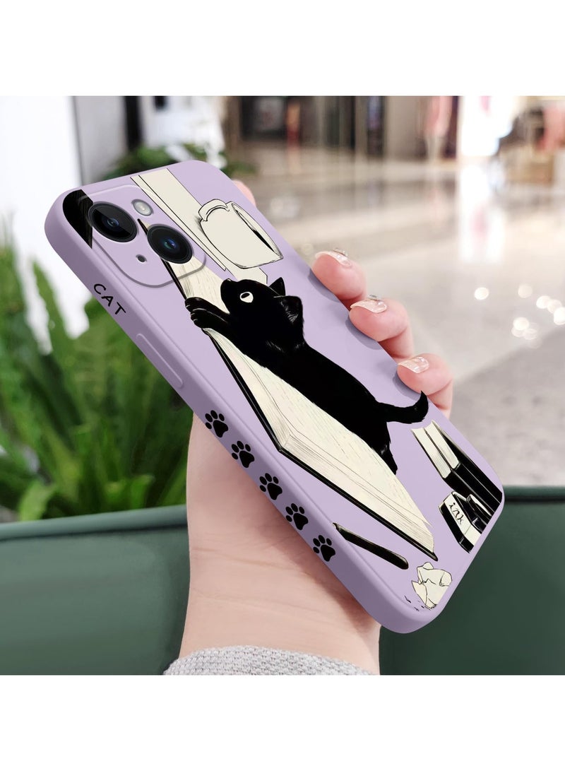 غطاء آيفون 14 بلس بتصميم نمط زهرة إبداعي، غطاء هاتف رقيق ومرن من السيليكون، مقاوم للصدمات، يناسب آيفون 14 بلس، 6.7 إنش - بنفسجي مع صورة قطة - Image 2