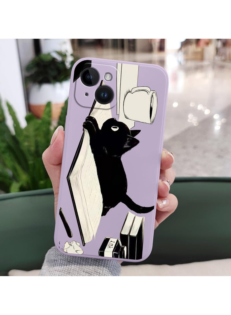 غطاء آيفون 14 بلس بتصميم نمط زهرة إبداعي، غطاء هاتف رقيق ومرن من السيليكون، مقاوم للصدمات، يناسب آيفون 14 بلس، 6.7 إنش - بنفسجي مع صورة قطة - Image 3